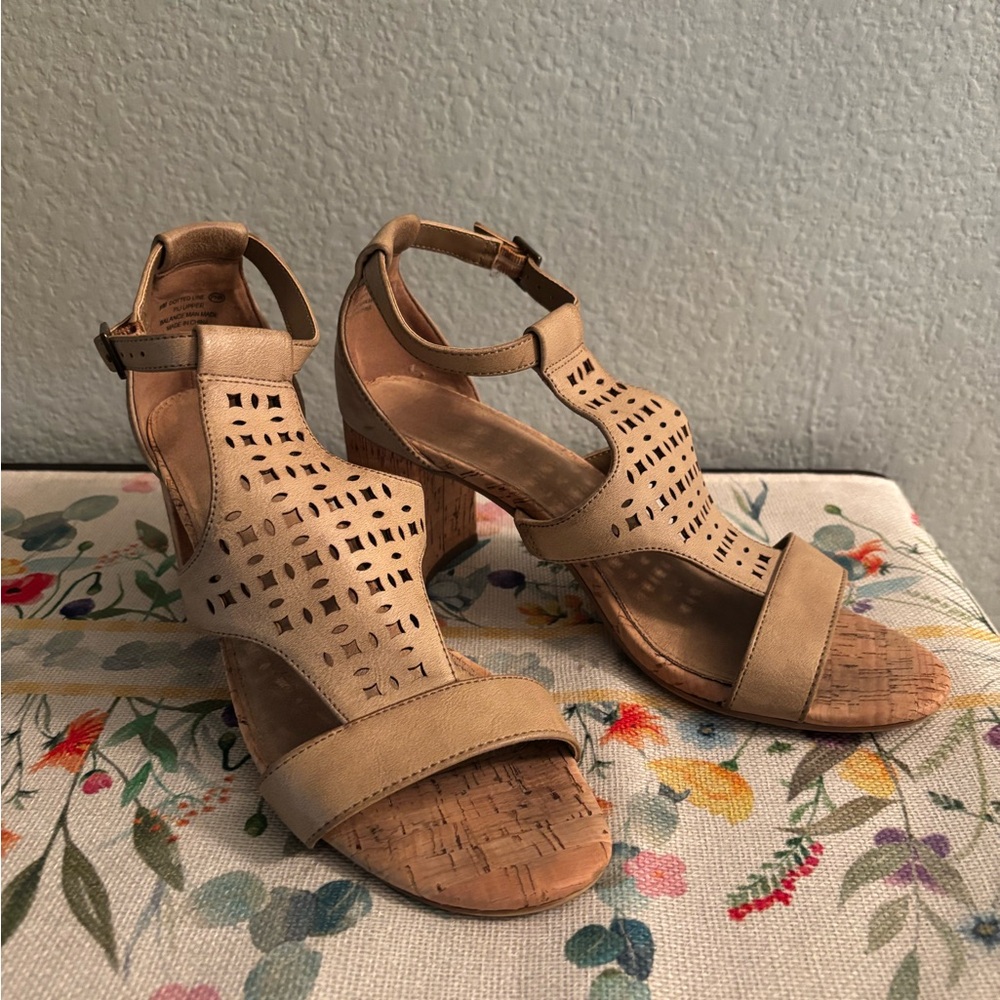 Beige Cutout Cork Block Heel Sandals - Women's